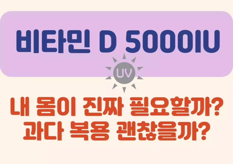 비타민D 5000IU, 과다 복용 괜찮을까?비타민 D는 우리 몸에 꼭 필요한 영양소예요. 그런데 실내에서 생활하는 시간이 많아지고, 자외선 차단제를 사용하면서 햇빛을 충분히 받지 못하는 사람들이 많아졌어요. 그 결과 비타민 D 부족이 흔해졌고, 이를 보충하기 위해 많은 사람들이 비타민D 5000IU 보충제를 찾고 있죠. 오늘은 비타민 D의 역할, 5000IU가 필요한 경우, 복용 방법, 그리고 주의할 점까지 알려드릴게요.