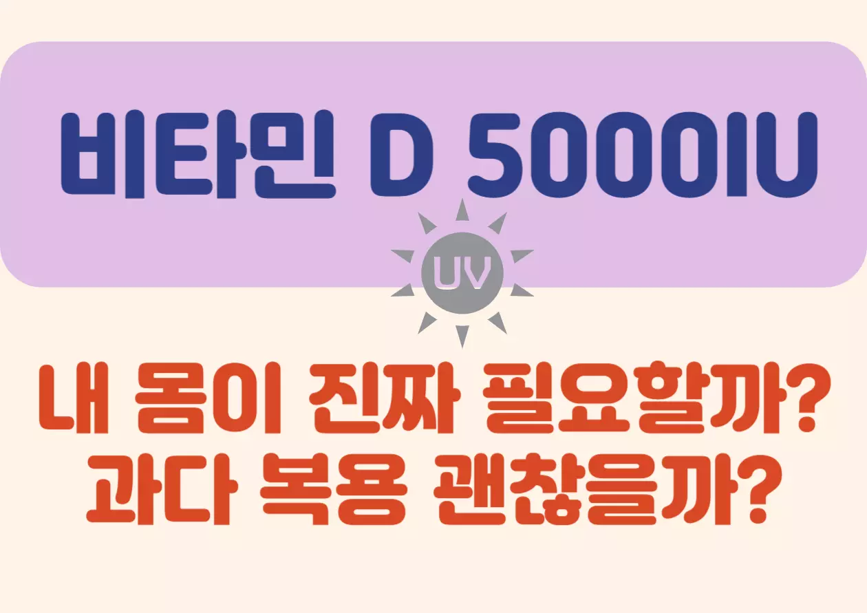 비타민D 5000IU, 과다 복용 괜찮을까?비타민 D는 우리 몸에 꼭 필요한 영양소예요. 그런데 실내에서 생활하는 시간이 많아지고, 자외선 차단제를 사용하면서 햇빛을 충분히 받지 못하는 사람들이 많아졌어요. 그 결과 비타민 D 부족이 흔해졌고, 이를 보충하기 위해 많은 사람들이 비타민D 5000IU 보충제를 찾고 있죠. 오늘은 비타민 D의 역할, 5000IU가 필요한 경우, 복용 방법, 그리고 주의할 점까지 알려드릴게요.