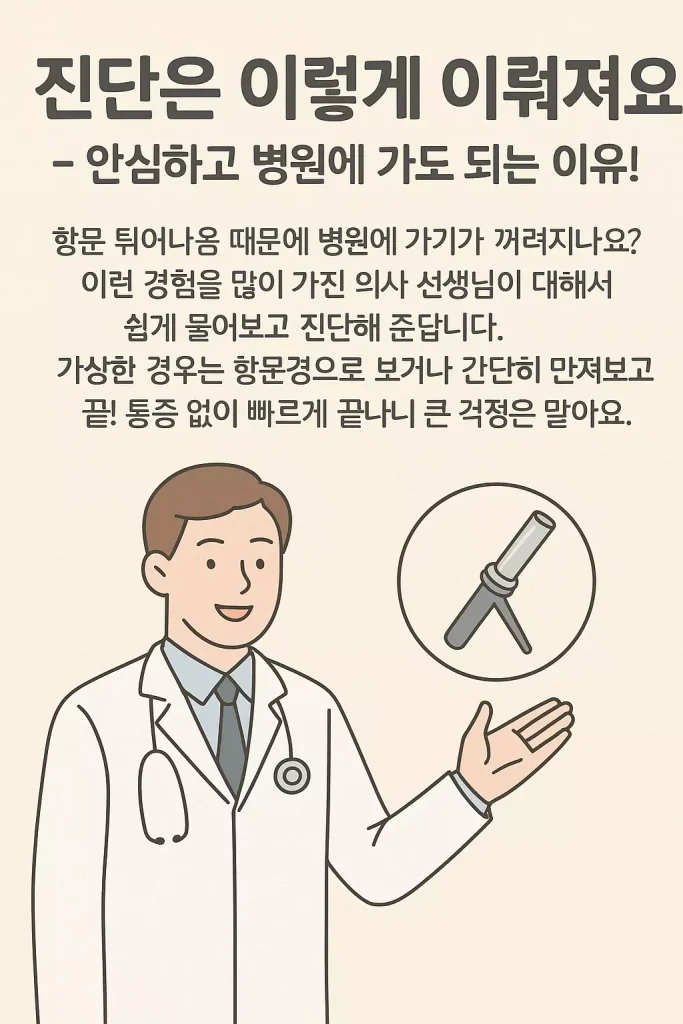 진단은 이렇게 이뤄져요 – 안심하고 병원에 가도 되는 이유!’라는 제목 아래, 항문 튀어나옴 증상으로 병원을 가는 것이 꺼려질 수 있지만 걱정하지 않아도 된다는 내용을 담은 설명이 있음. 하단에는 청진기를 맨 친근한 남성 의사가 환하게 웃으며 항문경을 가리키는 일러스트가 함께 표현되어 있어 병원 진료 과정이 어렵지 않다는 메시지를 전달함