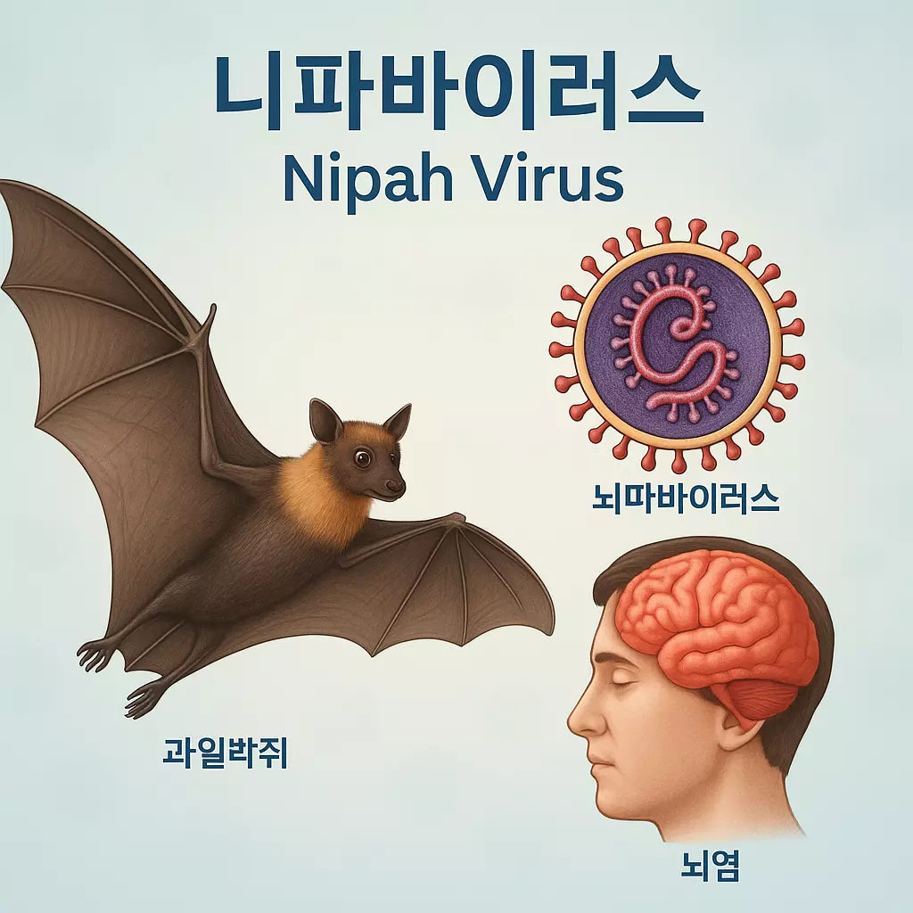 니파바이러스(Nipah Virus) 과일박쥐, 바이러스 입자, 인간 뇌염 연결 개념도