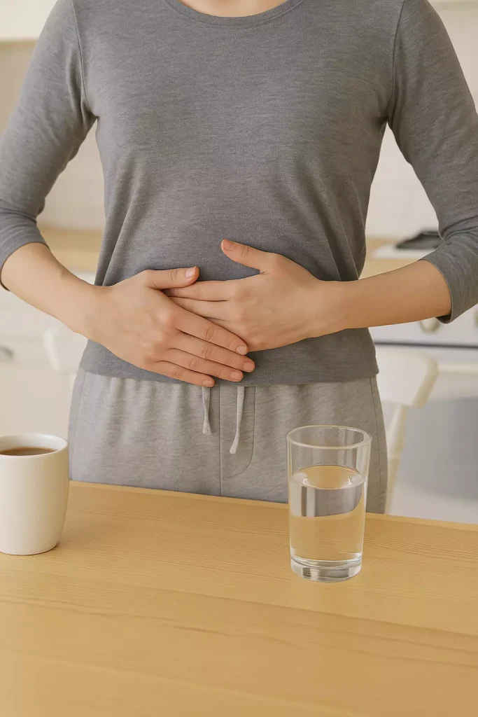 복부에 손을 얹고 복식호흡을 하는 여성, 위장 건강을 위한 일상 루틴