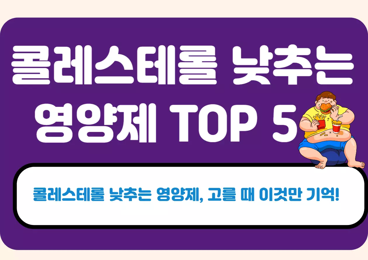 콜레스테롤 낮추는 영양제 TOP 5를 강조한 건강 정보형 콘텐츠 썸네일 로고 이미지 – 패스트푸드를 먹는 남성 캐릭터와 함께 주요 키워드를 시각화함