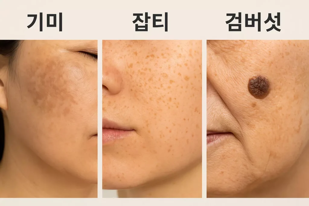기미 잡티 차이와 검버섯 증상 비교를 보여주는 얼굴 피부 실사 이미지