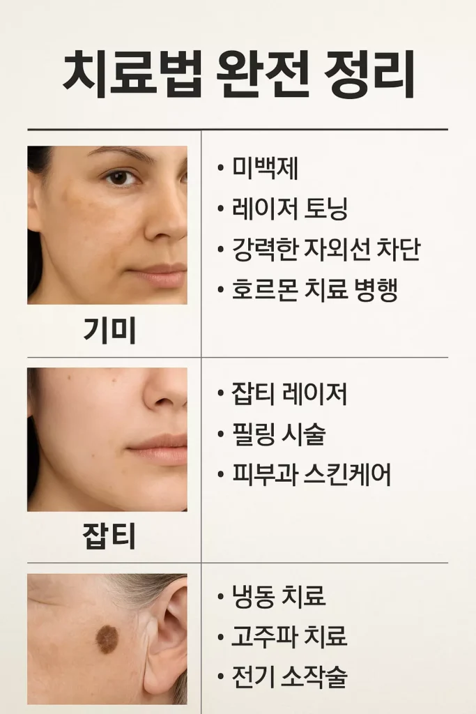 기미 잡티 검버섯 치료법을 정리한 비교 표 이미지