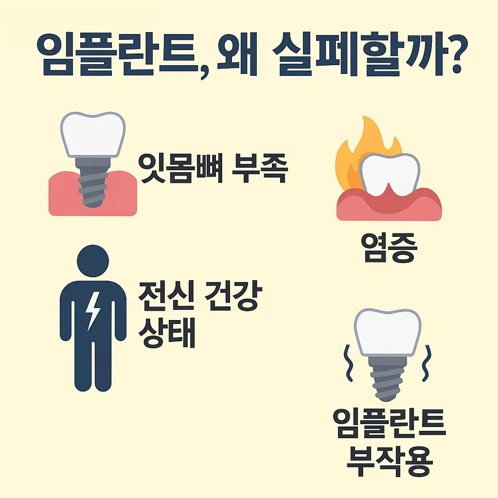 임플란트 실패 원인 인포그래픽 - 잇몸뼈 부족, 염증, 전신 건강 문제, 임플란트 부작용 시각 정리