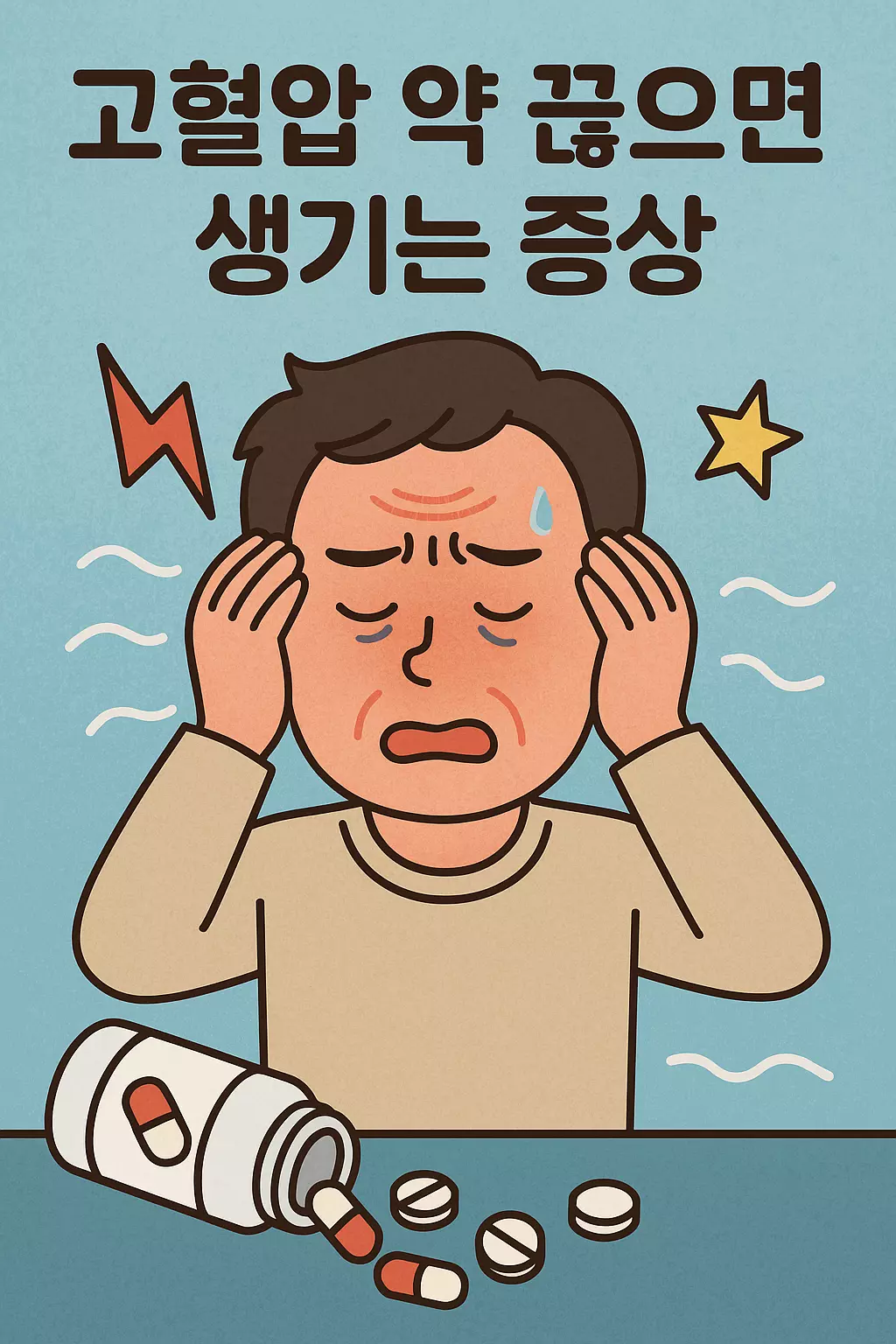 고혈압 약을 중단했을 때 나타나는 어지럼증, 두통, 심장 두근거림 등의 증상을 표현한 만화 스타일 이미지.