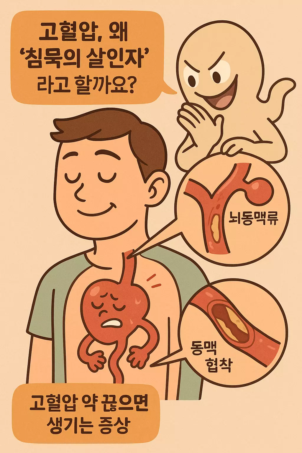 고혈압이 '침묵의 살인자'라 불리는 이유를 설명하는 일러스트 이미지. 뇌동맥류, 동맥 협착, 심장 부담이 시각적으로 표현됨.