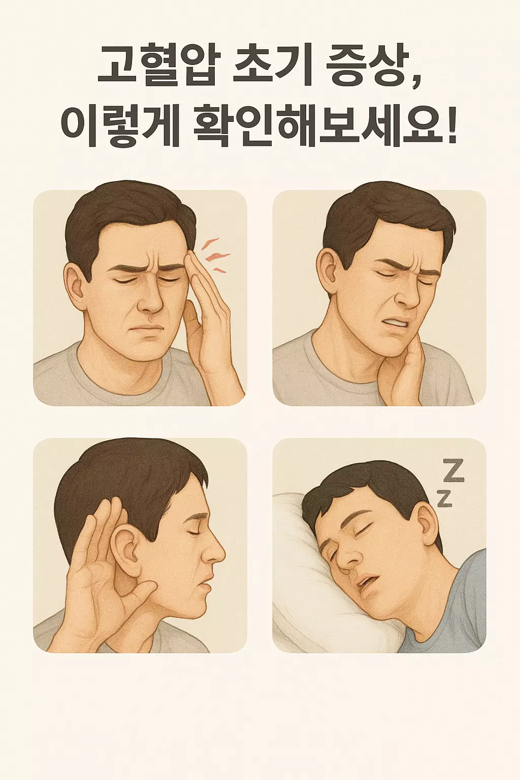 고혈압 초기 증상 자가 체크법 (1) "고혈압 초기 증상을 표현한 남성 일러스트 – 두통, 뒷목 당김, 귀먹먹함, 수면장애"