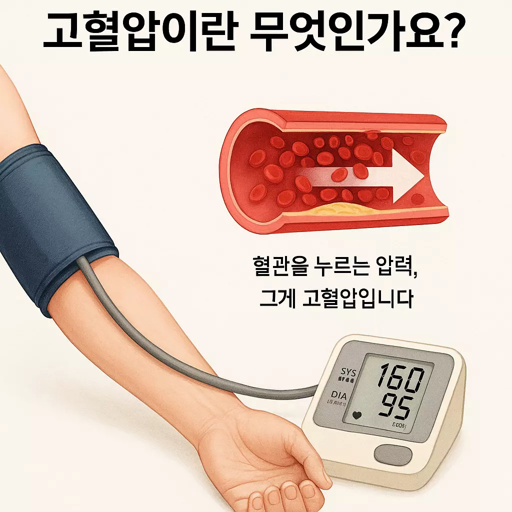 고혈압 초기 증상 자가 체크법 (2) "고혈압 혈압계 수치와 혈관 내부 단면을 통해 고혈압 개념을 시각적으로 설명한 이미지"