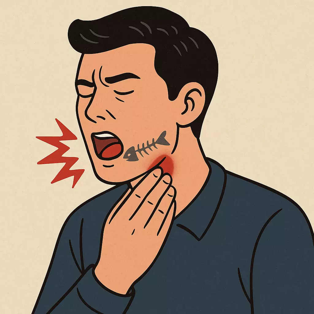 생선 가시에 목이 찔려 고통스러워하는 남성의 일러스트 이미지