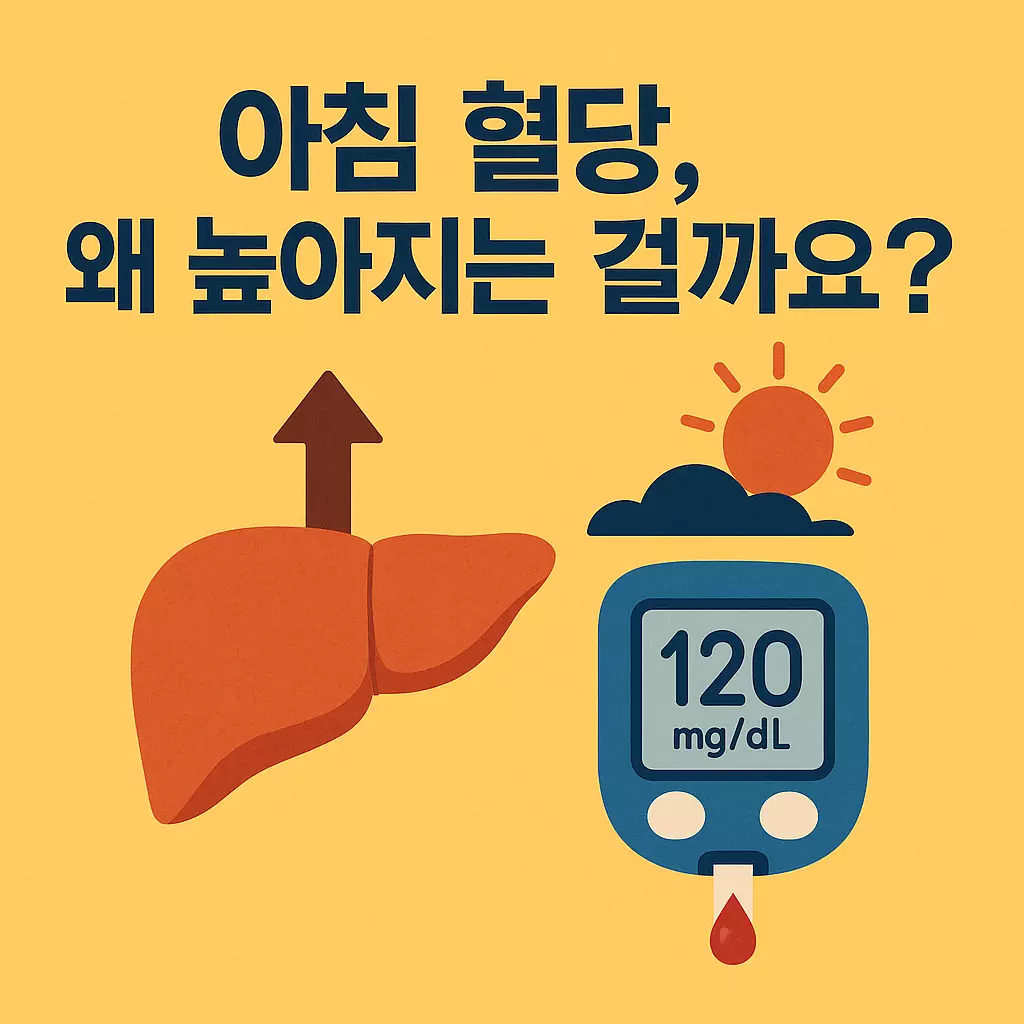 아침 혈당 수치 맞추는 법!
아침 혈당이 높아지는 이유를 설명하는 이미지. 간에서 혈당을 올리는 새벽효과와 혈당 측정기 120mg/dL 수치를 보여주는 그래픽.