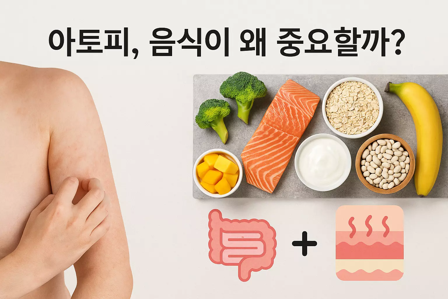 아토피 피부 개선 음식 리스트 (1) 아토피 피부 개선에 좋은 음식들: 연어, 브로콜리, 귀리, 바나나, 요거트, 장과 피부 아이콘