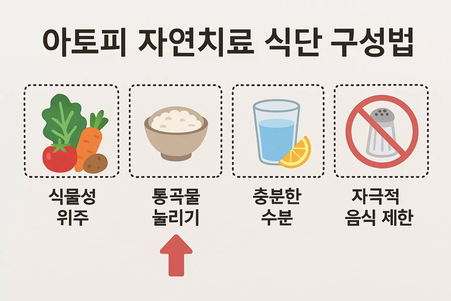 아토피 피부 개선 음식 리스트 (2) 아토피 자연치료 식단 구성 원칙: 식물성 위주, 통곡물, 수분 섭취, 자극적 음식 제한