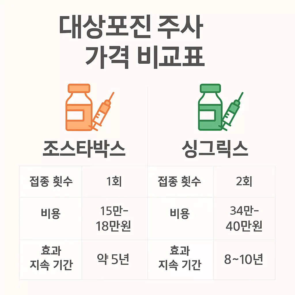 대상포진 주사 가격 비교표, 조스타박스와 싱그릭스 백신 접종 횟수·비용·효과 지속 기간 차이