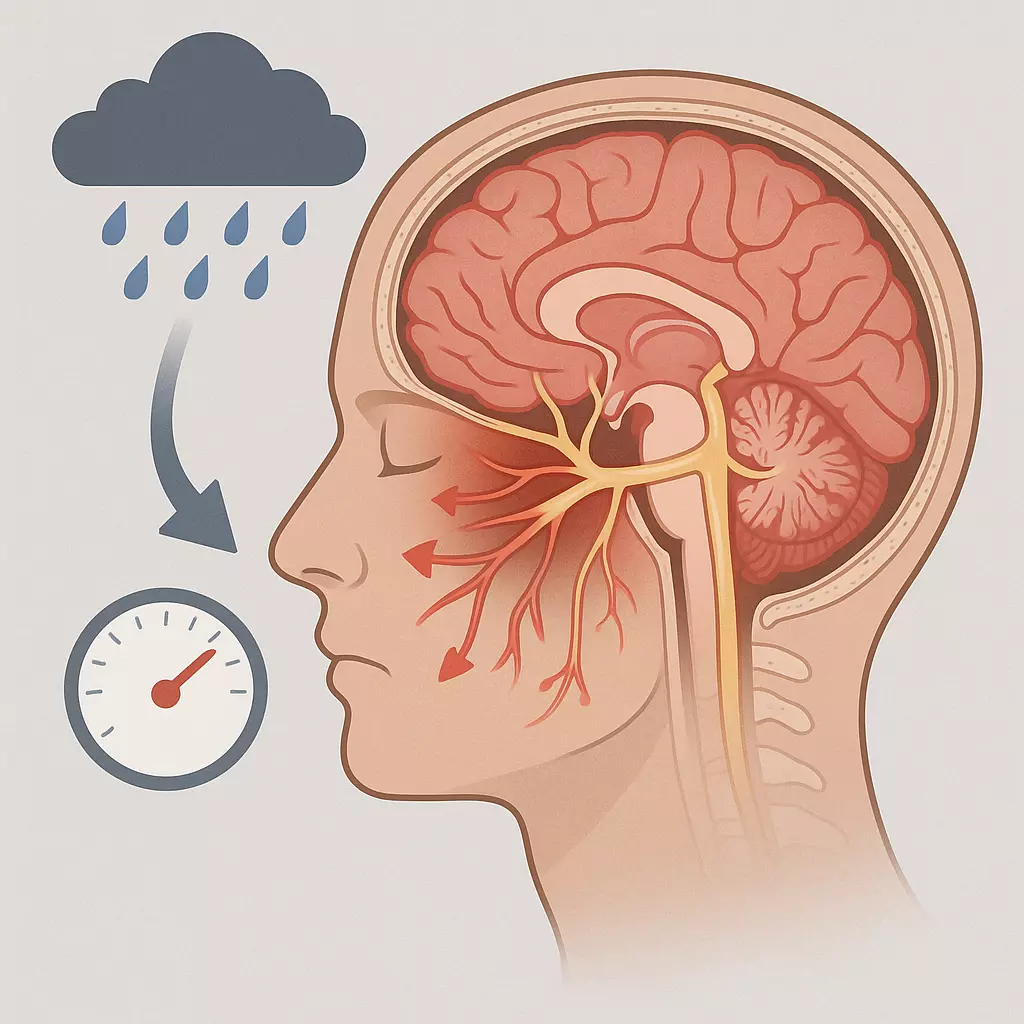 비 오는 날 머리 아픈 이유를 설명하는 뇌 단면 일러스트: 저기압 변화로 삼차신경·혈관이 자극되는 모습