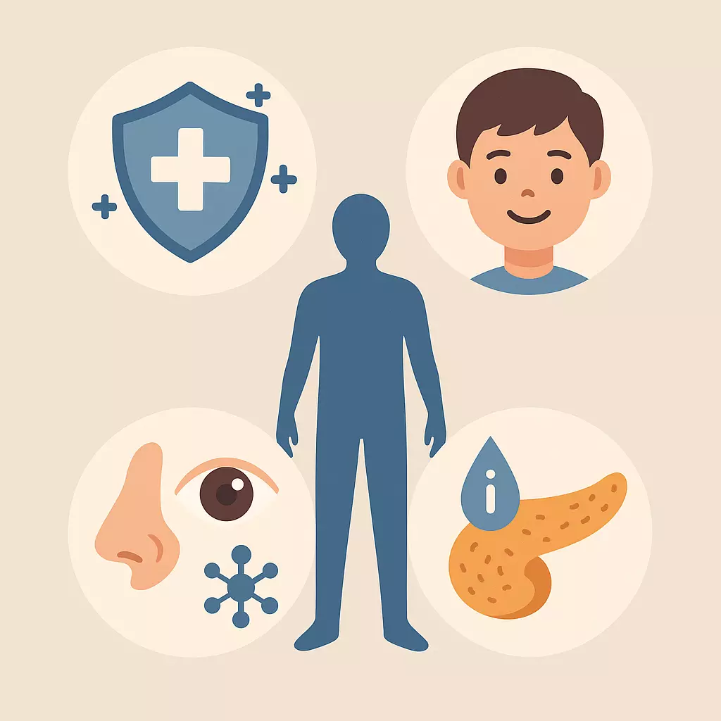 아연이 우리 몸에서 하는 역할을 보여주는 일러스트 - 면역 강화, 성장 발달, 미각·후각 유지, 호르몬 조절