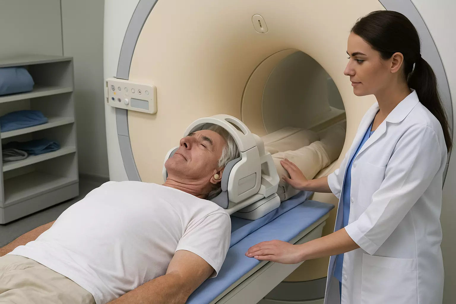 MRI 장비 주변에서 의료진이 촬영 준비를 하는 모습