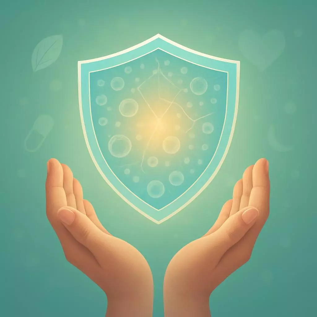 3주면 달라지는 면역력 강화 플랜 — 아침 루틴을 상징하는 방패를 손으로 받치는 이미지