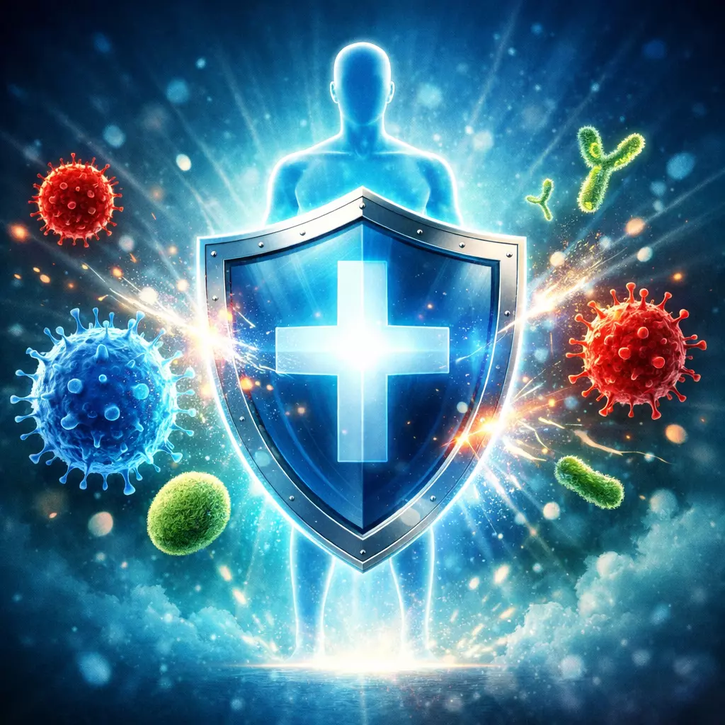 3주면 달라지는 면역력 강화 플랜 — 면역력을 상징하는 방패 이미지, 인체 앞에서 바이러스와 세균을 막아내는 면역 시스템 개념 일러스트