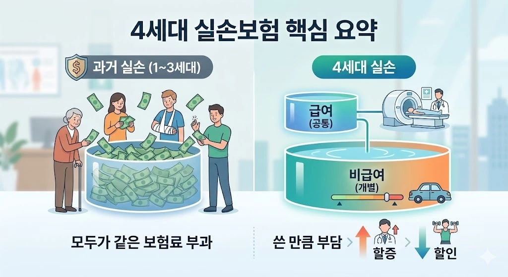 기존 실손보험과 4세대 실손보험의 보험료 부과 방식 차이 비교
