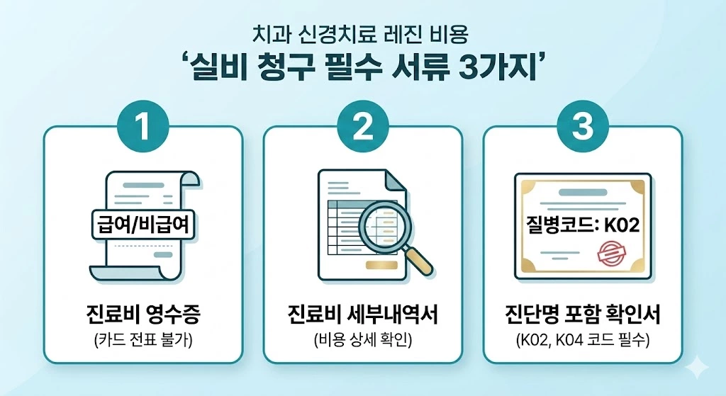 치과 신경치료 레진 비용 실비 청구 서류 영수증 세부내역서 진단서 확인