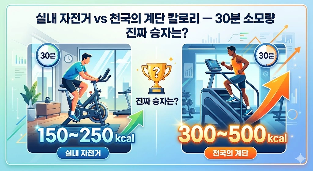 실내 자전거 vs 천국의 계단 칼로리 30분 소모량 비교 – 실내 자전거 150~250kcal vs 천국의 계단 300~500kcal