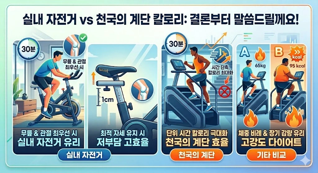 실내 자전거 vs 천국의 계단 칼로리 결론 – 무릎 관절 최우선이면 실내 자전거, 단위 시간 칼로리 극대화는 천국의 계단