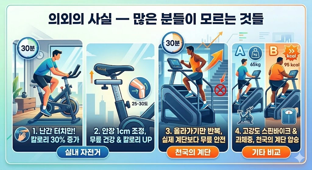 실내 자전거 vs 천국의 계단 칼로리 의외의 사실 – 난간 잡으면 30% 감소, 안장 1cm 차이로 무릎 부담 변화