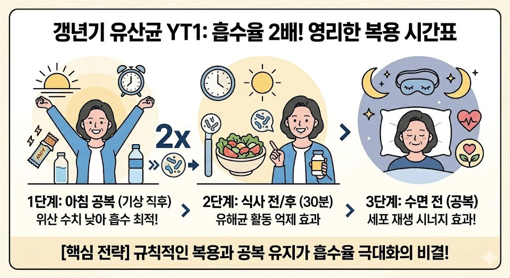 갱년기 유산균 YT1 흡수율 높이는 아침 공복 복용 시간표